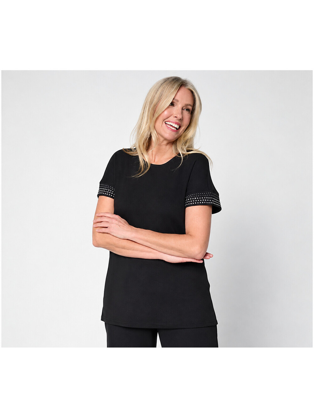 Belle by Kim Gravel ScubaLuxe Sparkle Studded Short Sleeve Top Black, Medium